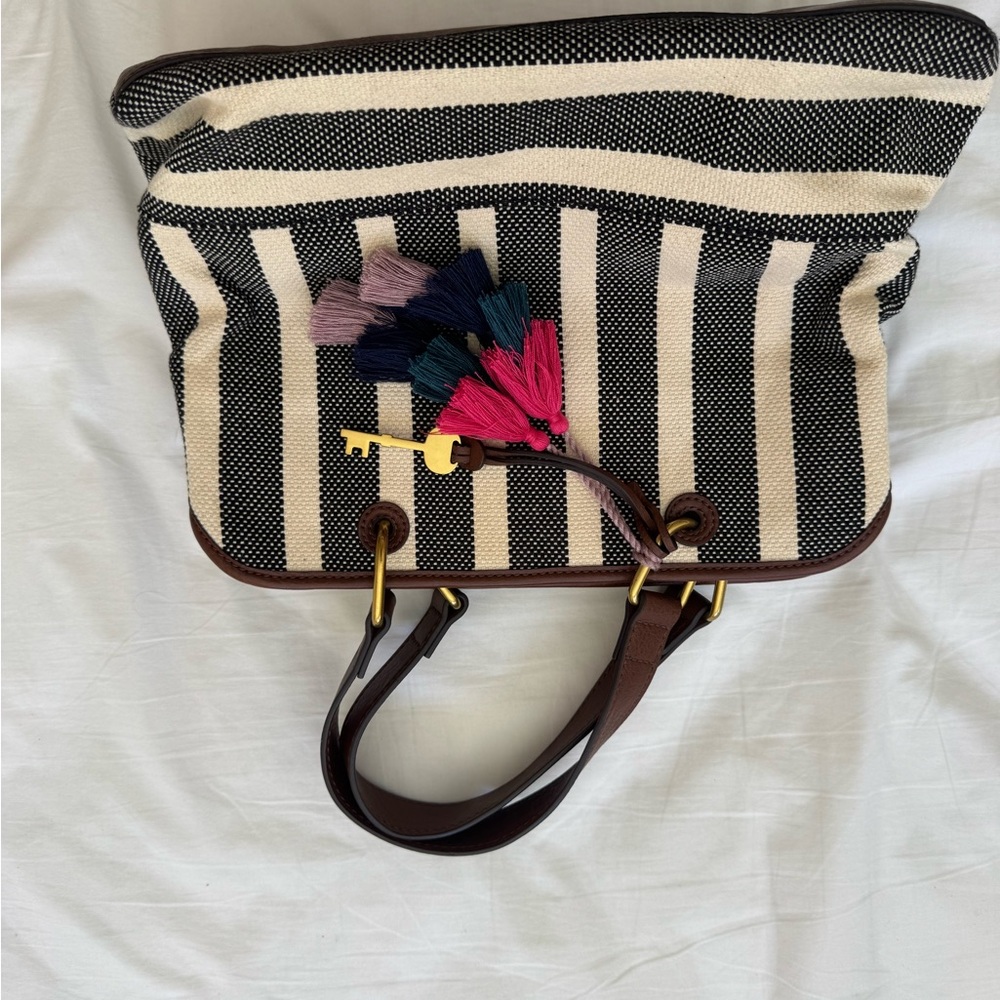 Fossil Black and White Striped Bag with Tassels